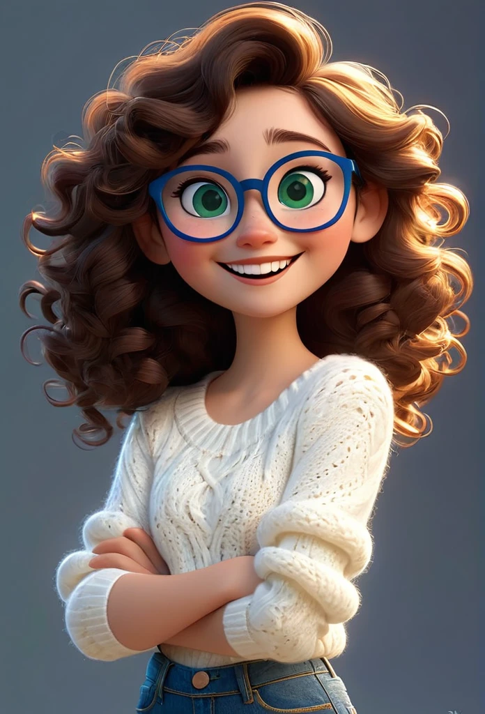 3d, pixar style, disney, A beautiful girl with medium curly and dark brown hair, Dark green eyes and blue glasses in jeans and white knitting smiling
