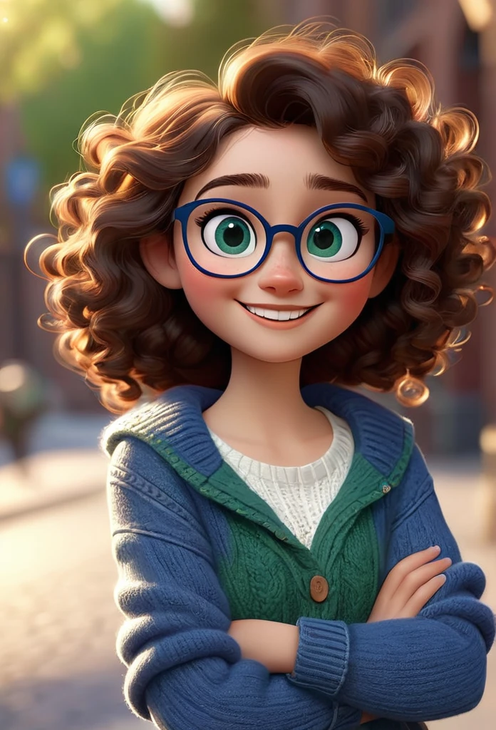 3d, pixar style, disney, A beautiful girl with medium curly and dark brown hair, Dark green eyes and blue glasses in jeans and white knitting smiling
