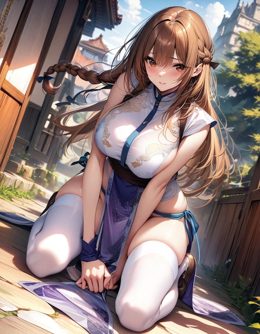 (masterpiece),(Highest quality),(Very detailed),(Best illustrations),(Best Shadow),(Absurd),(Detailed Background),(so beautiful), One person、pelvic curtain, brown eyes, brown hair, thighhighs, long hair, braid, large breasts, white thighhighs,