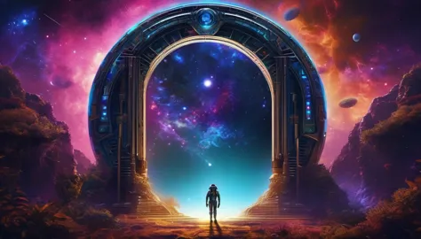 the gate of time and space，portal，wormhole，connected, alien worlds and alien jungles，alien creatures，