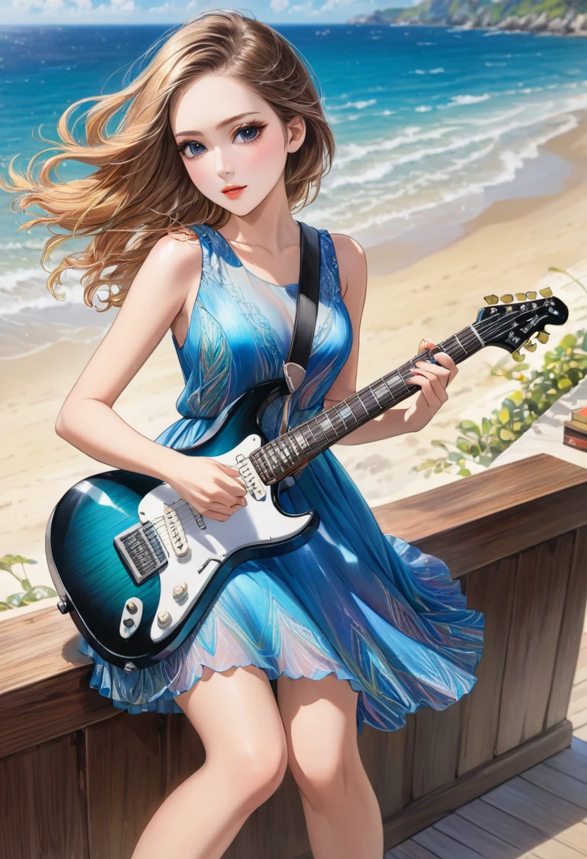 a beautiful woman in a sleeveless dress, elegant dress playing electric guitar, creative, Stage at the seaside、art, colored pencil drawing, detailed face and eyes, long eyelashes, delicate features, serene expression, natural lighting, vibrant colors, intricate textures, 8k, masterpiece, digital art、photorealistic,