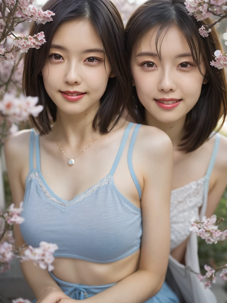 最high quality、high quality、Best image quality、8k、最High resolution、High resolution、最high quality、masterpiece、RAW Photos、whole body写真、Natural anatomy、Detailed and realistic human body、Detailed and realistic skin、Realistic face in every detail、Detailed and realistic narrow eyes、Detailed and realistic décolletage、Detailed and realistic lips、Detailed and realistic teeth、Detailed and realistic ears、Detailed and realistic hair、Shiny black hair、Realistic reproduction of every detail、Realistic fingers in every detail、(Perfect and beautiful hands、thumb１reference４)、Realistic feet down to the last detail、Berry Short Cut、(Beautiful Japan mature woman)、(Japanese Model)、(whole body)、(Slim and perfect figure)、（Very large breasts）、(whole body光沢肌、Fair skin)、necklace、Soft natural light、Sunlight filtering through the trees、Breeze、Flowers、Posing to show off light blue lace bra and panties、Mischievous Smile、Smile strongly with the corners of your mouth turned up