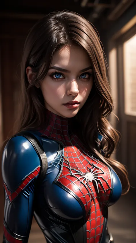 girl cosplay spider-man, posing in full height , big breasts, voluminous breast, 2 girls, divine face, beauty faces, high detail...