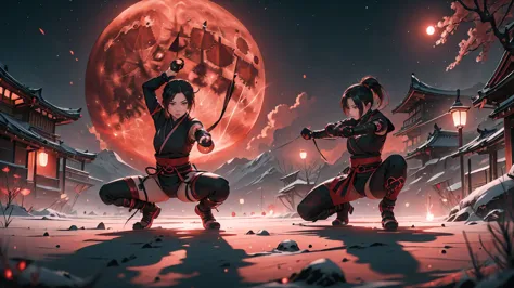 a kunoichi, in the shadows, red moon behind, ninja position, ultra detailed, with lots of details, sparkles, and a well-crafted ...