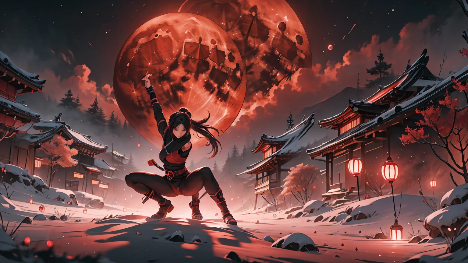 a kunoichi, in the shadows, red moon behind, ninja position, ultra detailed, with lots of details, sparkles, and a well-crafted scenario