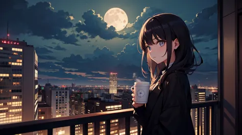 a girl looking at the night view from the balcony of a high-rise apartment building. the woman has dark hair and holds a mug of ...