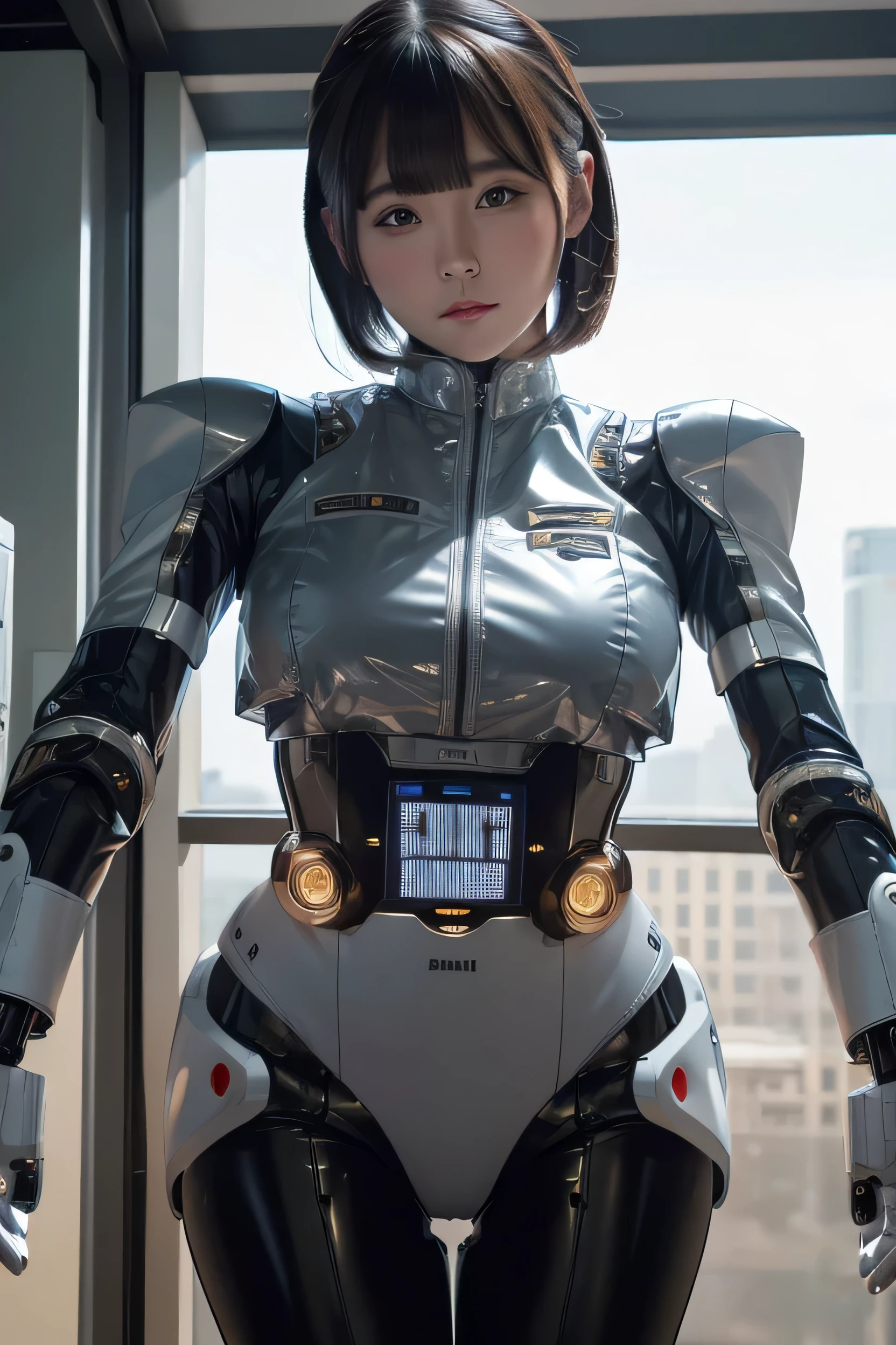 masterpiece, Best Quality, Extremely detailed, 8K portrait,Japaese android girl,Plump , control panels,Robot arms and legs, Blunt bangs,perfect robot girl,a bit chubby,white boots,white gloves,chest monitor,Charging spot,She is exhibits,exibition hall,promo girl