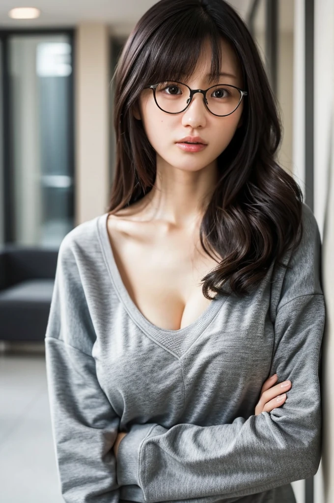 (Highest quality、Tabletop、8k、Best image quality、Award-winning works)、One Woman、(Very long messy bangs:1.1)、(Ordinary face:1.1)、(big black glasses:1.1)、(Very long hair, Messy and disheveled:1.1)、(A simple grey long sleeve sweatshirt:1.3)、(Large Breasts:1.3)、(Cleavage:1.3)、(Accentuate your body lines:1.2)、(No makeup:1.1)、(The simplest blurred apartment hallway background:1.1)、(Strongly blurred background:1.2)、(Face close-up:1.1)、Accurate anatomy、(Bright and glowing skin:1.1)、Front facing body、Expressionless