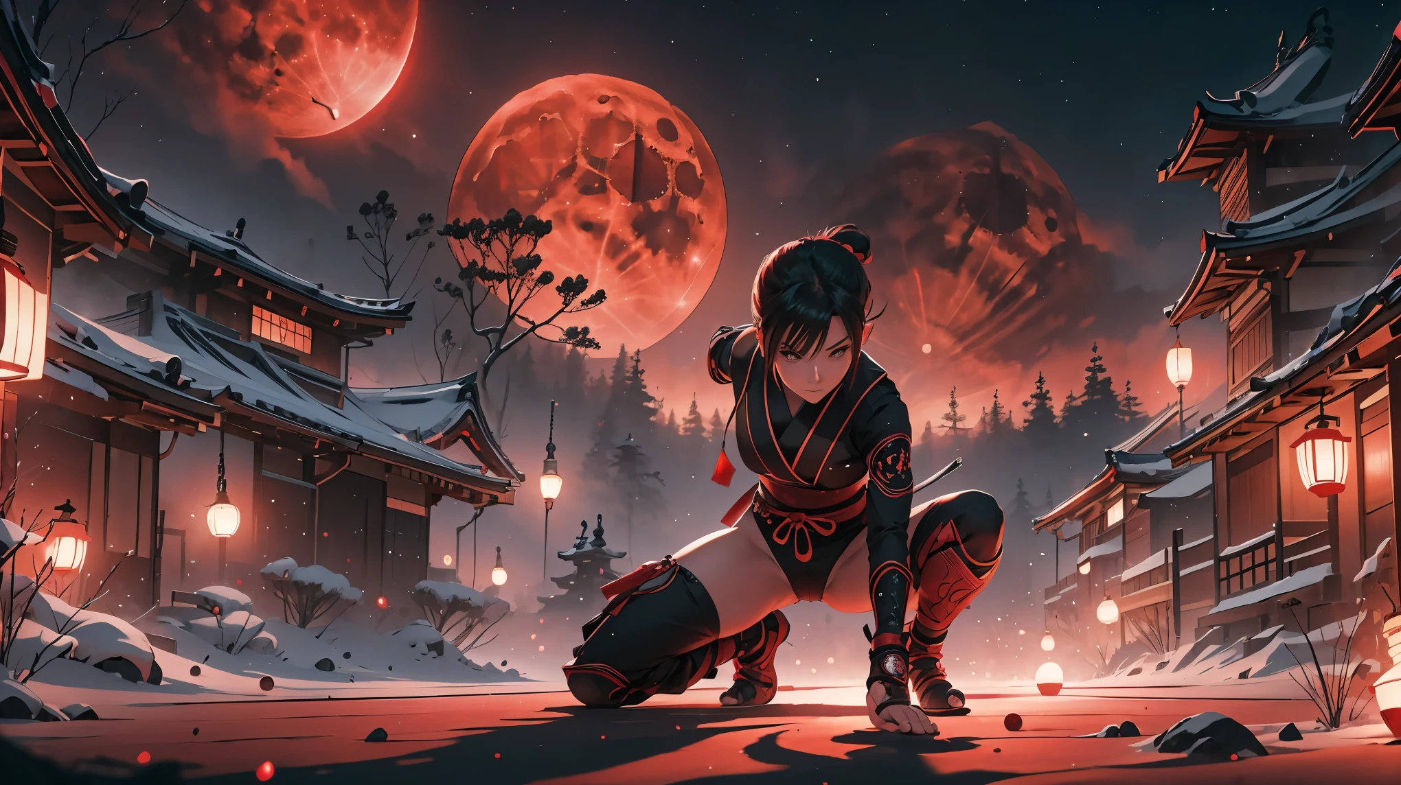 a kunoichi, in the shadows, red moon behind, ninja position, ultra detailed, with lots of details, sparkles, and a well-crafted scenario