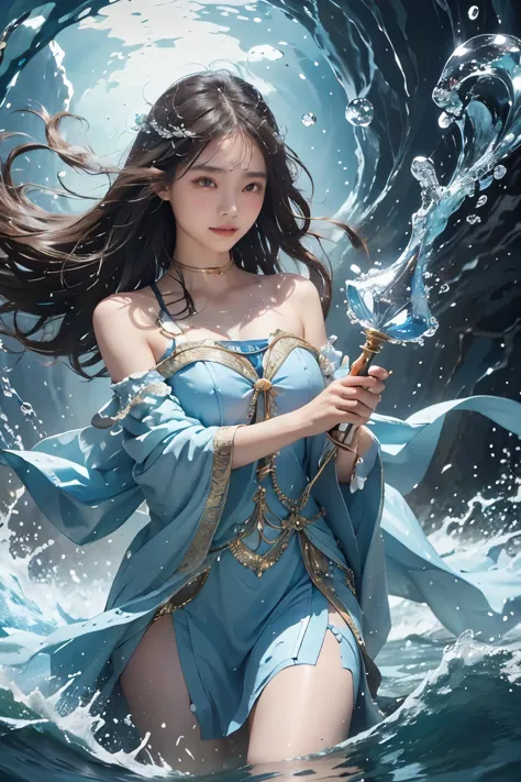 "create a surreal image of two beautiful girls holding magic wands that emanate the essence of water... she should wear elegant ...