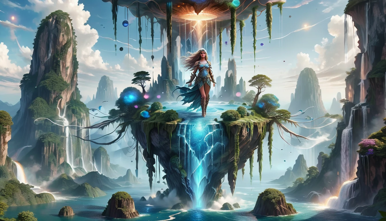 (masterpiece, best_quality, ultra-detailed, immaculate:1.3), epic, illustration, Magical floating islands with giant goddess watching over earth,1girl, solo, blue eyes, outdoors, sky, cloud, water, armor, glowing, colored skin, cloudy sky, staff, glowing eyes, rock, mountain, blue skin ral-mytfrst , fantasy, glowing, glowing eyes, fantasy landscape, floating islands, falling waterfalls, ais-particlez guardian