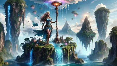 (masterpiece, best_quality, ultra-detailed, immaculate:1.3), epic, illustration, magical floating islands with giant goddess wat...