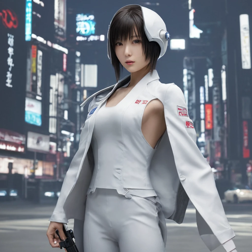 Japanese、Beautiful woman、One Woman、nice、Japanese、Shoulder-length hair、whole body、Wearing a white mechanic suit、Gun in right hand、Beauty in the 20s、Realistic Skin、Commercial Shooting、Staring at the camera、The background is Cyber City
