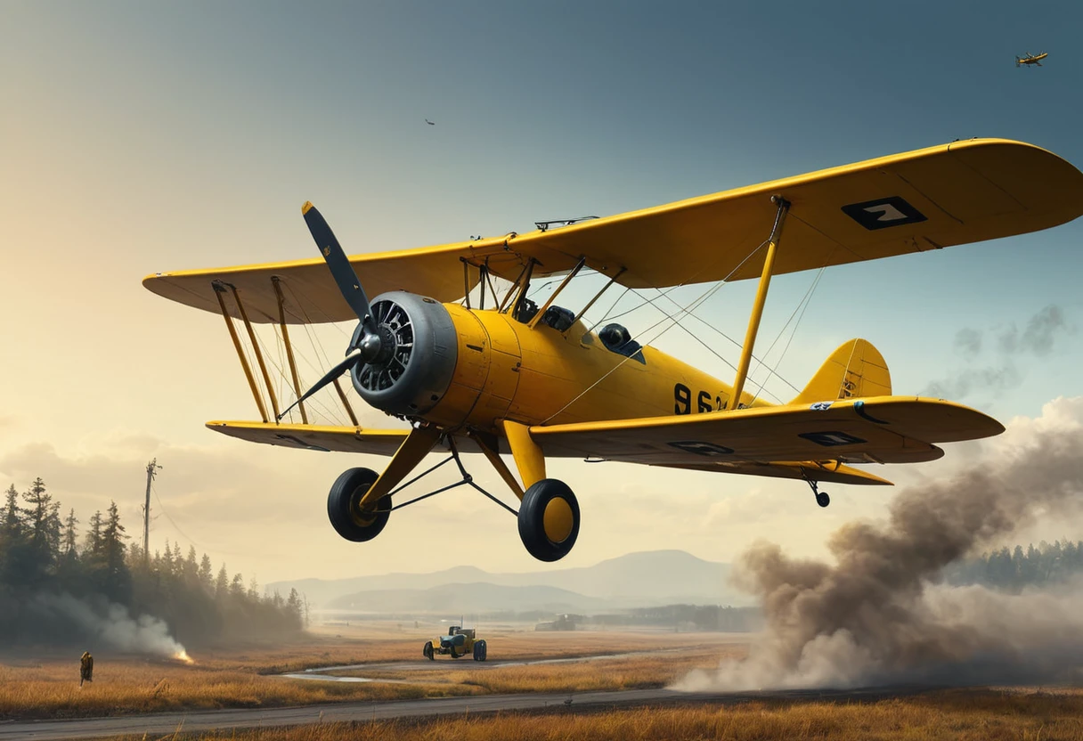 Conceptual artwork for the chase of "Armageddon" depicting Armageddon "chasing" a "YELLOW BIPLANE". The scene should unfold with dramatic tension, contain intense action and be cinematically lit with vibrant shadows. Mix raw, unmapped textures with detailed and intricate elements. The artwork should have a sense of EXTREME PARALLAX MOTION BLUR and evoke a sense of fast movement; in the spirit of Artgerm legends Greg Rutkowski and Simon Stalenhag, with the eerie and mystical touch of Wayne Barlow and Igor Kirilluk to stylize the artwork. Combine these influences to create a work that embodies the essence of immersive, high concept illustration."