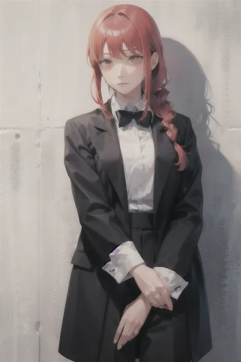 (highest quality)、(highest quality)、hand、expressionless、strong redhead、suit、braiding、