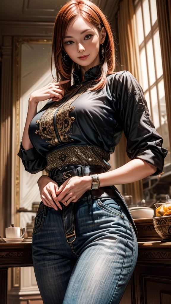 (best quality,4k,8k,highres,masterpiece:1.2),ultra-detailed, 3 Japanese woman, gyaru, five foot five inches tall, ginger colored hair, mole by her left eye, blue button up blouse, maroon jeans, large swollen breasts, wide hips, dancing around mid-western suburban american house, seductive pose, smiling lustfully, looking at viewer lovingly, ((intricate detail)),(((realism))), HDR, 8k, absurdres, cinestill 800, sharp focus, add_detail:2, (solo, woman)
