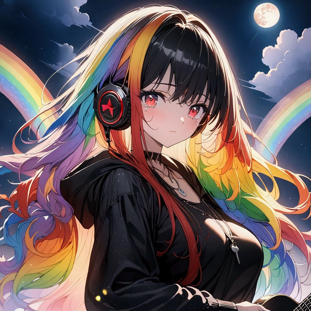 (((anime))) A woman holding a guitar,Gal,Long Hair,(Rainbow Hair),Bangs parted in the center,Black headphones,necklace,Red eyes,Big Eyes,Tears Black hoodie,Green jade letters,Volume sleeve,night,full moon,star,Backlight,masterpiece,Highest quality,Exquisite,8k,Absurd,Ultra-fine illustrations,(View your audience)