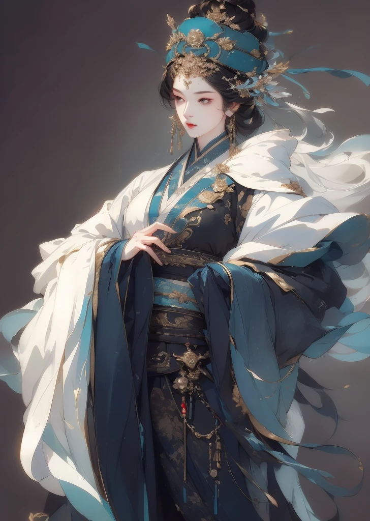 Female, (exceptional, best aesthetic, new, newest, best quality, anime, waifu:1.2), master piece, best quality, absurdres, highres, good anatomy, serious face, ultra detailed, (1girl:1.3), colored, 1 girl, female, Zhuge Liang, blue eyes, black hair, white robe with blue parts, Chinese cap, no beard, feather fan, holding the fan,