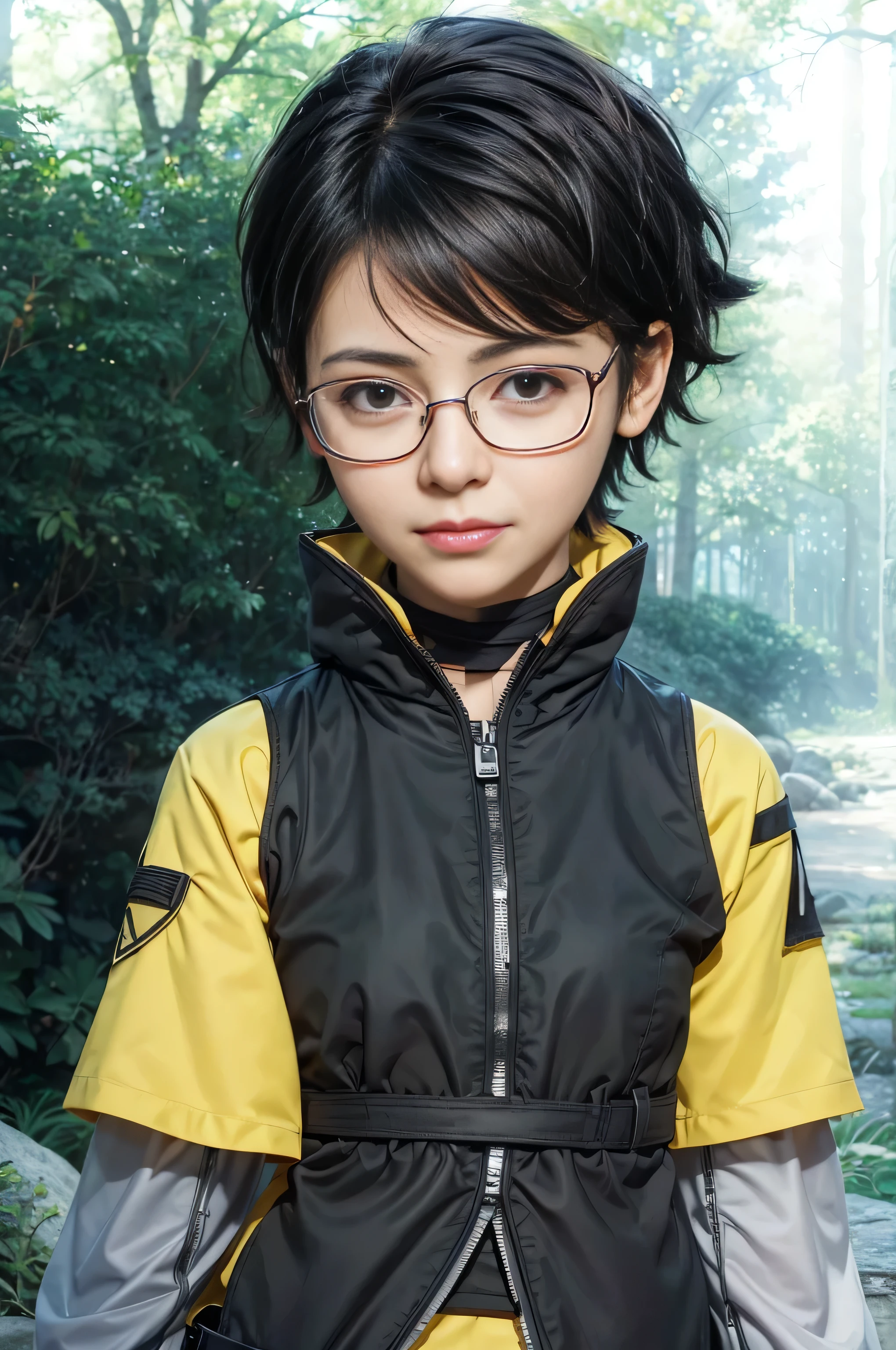 masterpiece, best quality, (realistic,photo-realistic:1.4), (RAW photo:1.2), extremely detailed CG unity 8k wallpaper, delicate and beautiful, amazing,finely detail, official art, absurdres, incredibly absurdres, huge filesize, ultra-detailed,extremely detailed eyes and face,light on face,sarada,(little smile:1.2),(black hair:1.4),(wearing tactical gear:1.5),(very short hair:1.4),nature,sarada uchiha ,(wearing glasses:1.4),(narure background:1.4),belt