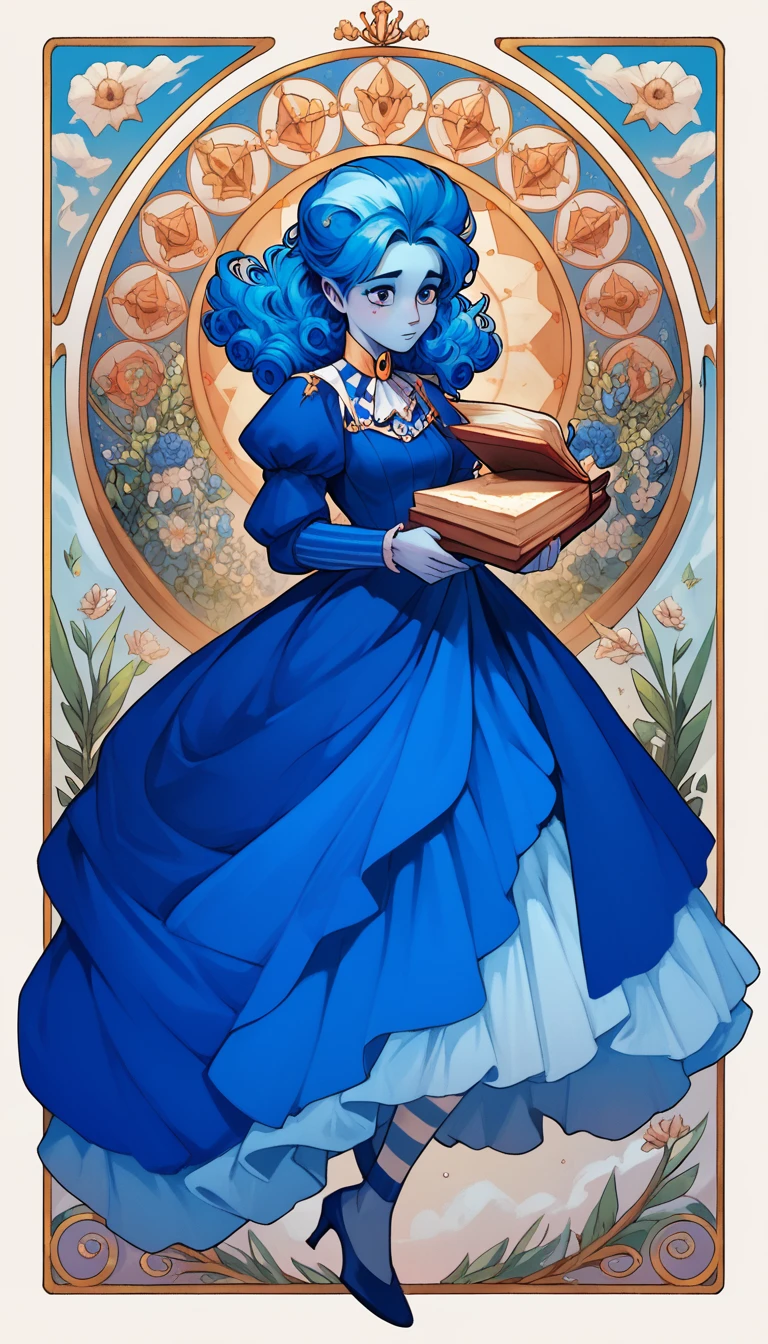 masterpiece, art nouveau, frankelda, 1girl, solo, dress, striped, blue hair, puffy sleeves, high heels, colored skin, floating, shy, holding a book againts chest