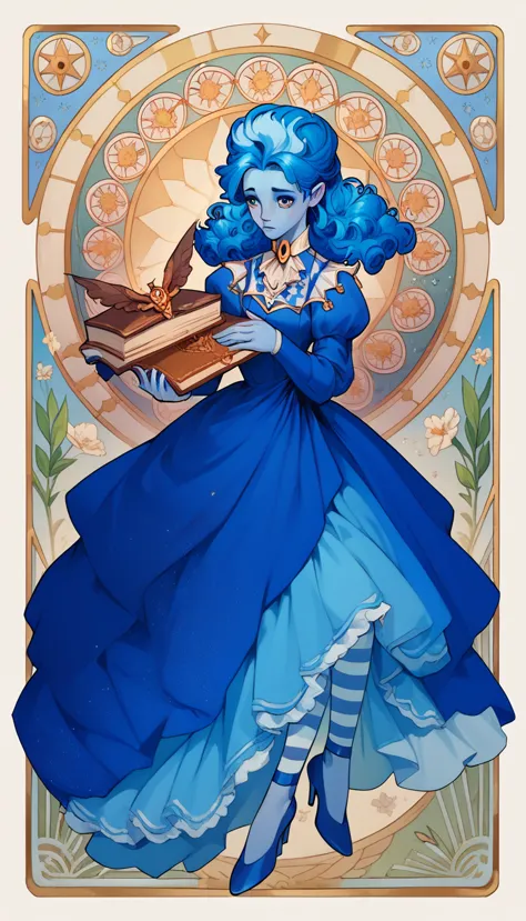 masterpiece, art nouveau, frankelda, 1girl, solo, dress, striped, blue hair, puffy sleeves, high heels, colored skin, floating, ...