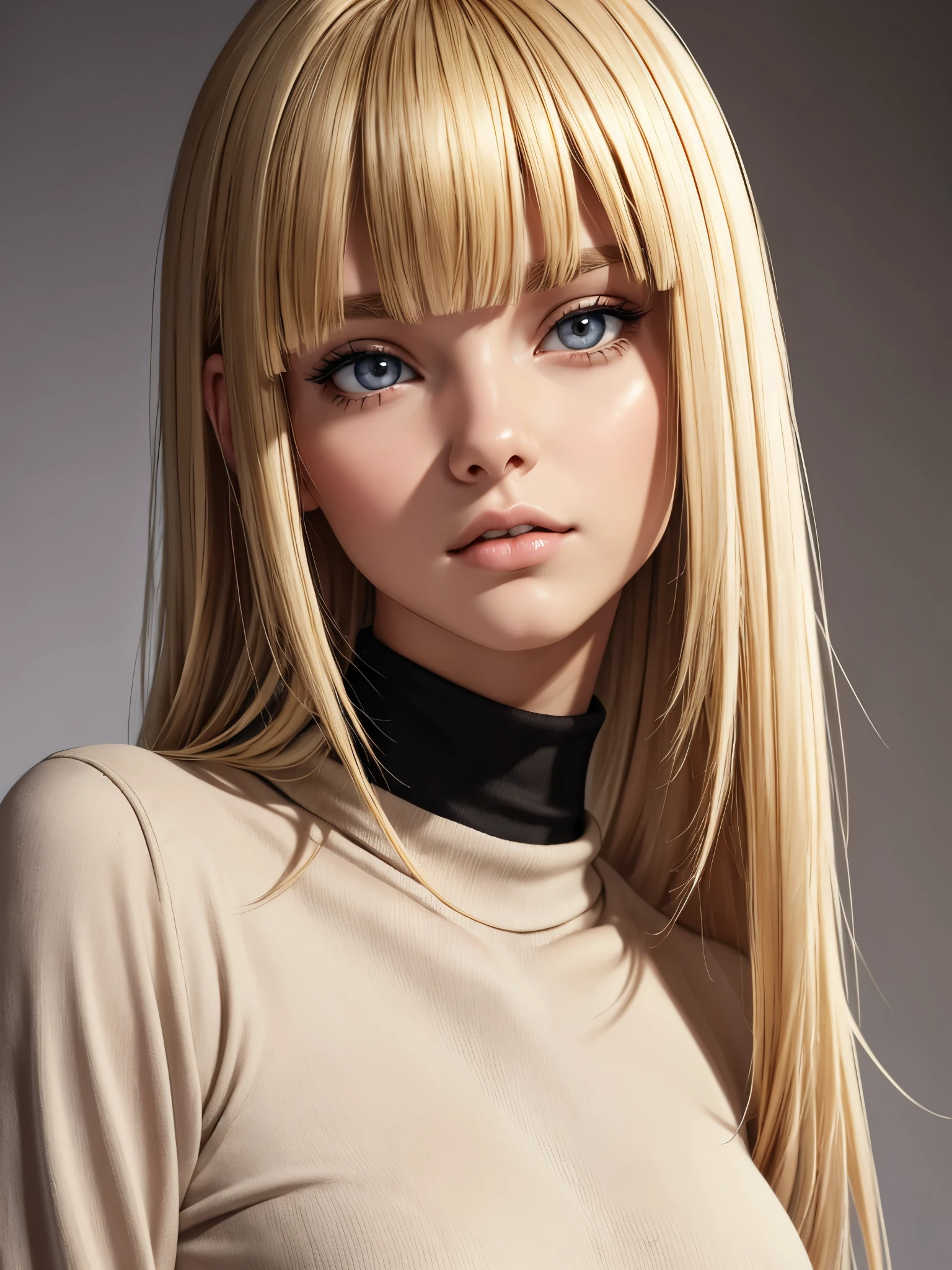 (best quality), 1girl, female, porcelain skin, blonde hair, straight hair, bangs, medium hair, swoopy tips, brown eyes, perfect eyes, black turtleneck, jeans, skinny body, , small bust, shy, masterpiece, anatomically correct, highres