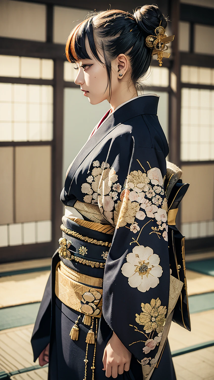 masterpiece, Highest quality, A solemn Japanese-style room with tatami mats, A large photograph of a woman from head to waist, profile, Chain-themed accessories, (Punk rock kimono, black地に赤＋gold:1.3), (black＋Orange Hair Color, Mid-length hair, Bun Hair), (blackい瞳, Sparkling eyes), (Lots of eyelashes)