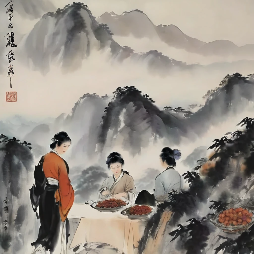 Ink Painting, Chinese ink painting style, modern style, Watercolor style, dyeing, Black and White Art, The Minimalists, 8K, Ultra-fine details, Surrealism, masterpiece, best quality. A poetic and serene landscape painting in traditional Chinese ink painting style, Depicting a group of ancient people having a meal in the mountains, Rendered with delicate ink strokes and subtle watercolor tones.