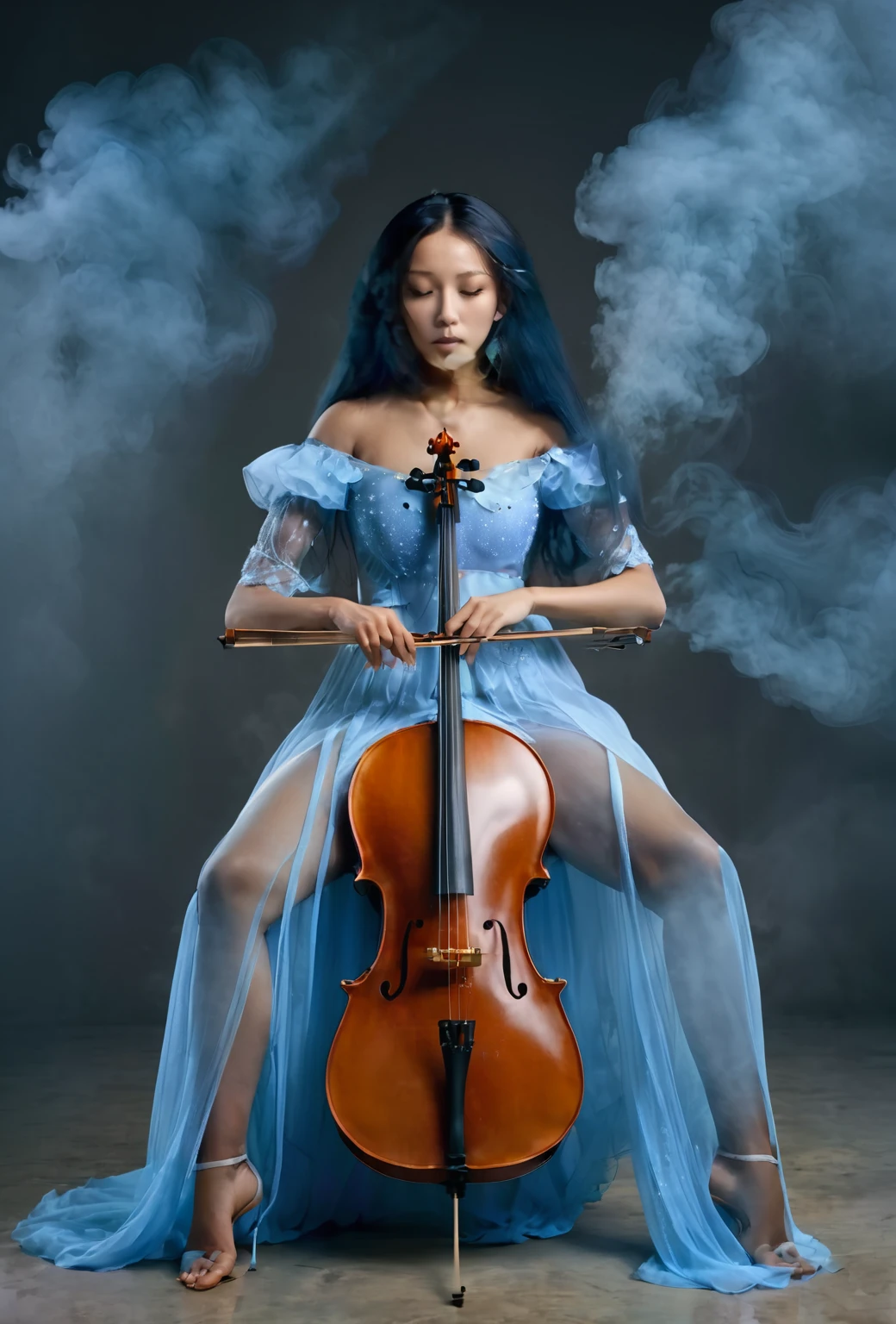 a woman, sitting, playing a cello, cello between her legs, holding a bow. blue dress, dress is partly opaque. mixed race Korean-Nigerian woman, fantasy scene, smoke, mist. portrait shot, woman is playing the cello. deep in thought, calm, serene. high quality fantasy stock photo