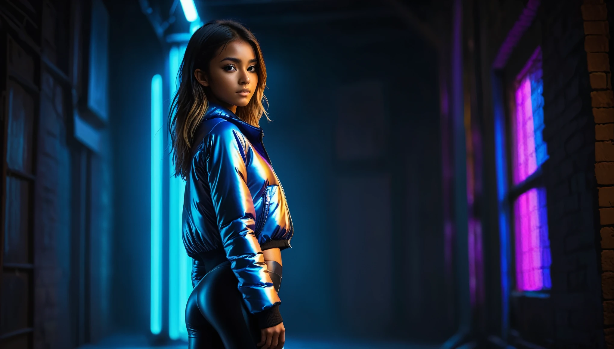 8k, high resolution, masterpiece, ultra-detailed, full body shot, (((cute tanned barely legal girl in sheer rubber blouse and leggings, shiny puffer jacket, wide neckline, deep neckline, random neon color))), (small perky breasts, small hips, detailed face, seductive expression, long random hair, some tattoos), in a dark dungeon, moody atmosphere, random dramatic and neon colors, intricate details, dim light from behind, look from behind, at night, backlit, random pose, (((full body shot from the side)))