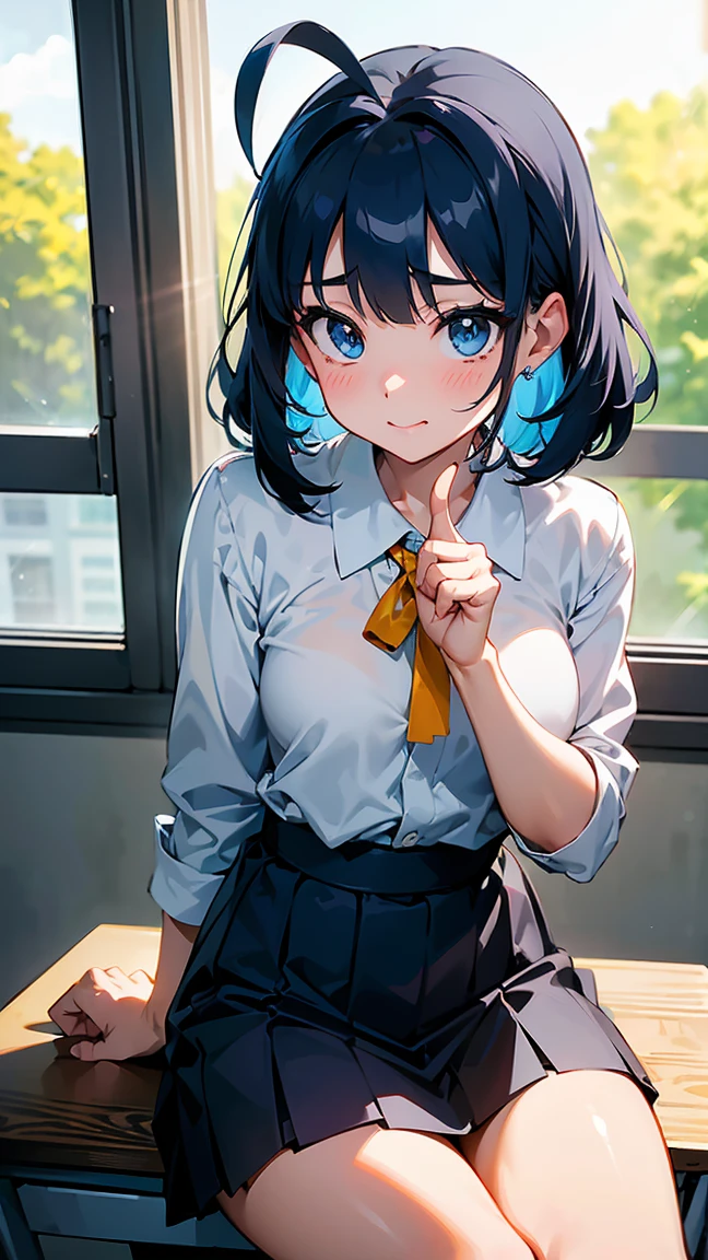 -(8K, Raw, Highest Quality, Real 1.2), Ultra High Quality, High Resolution, Highest Quality, Perfect Face, Perfect Limbs, Perfect Fingers, High Resolution, (Beautiful Anime Face, Cute Face, Detailed Face), Anna Yanami, medium hair, ahoge, medium bust, blue hair, blue eyes, white shirt, four yellow ribbons on chest, blue-gray pleated skirt, uniform, (confused: 1.3), (embarrassed: 1.3), (slightly surprised expression: 1.3), miniature human hand, (((medium bust 1.3))), (((thin thighs 1.3))), Japanese school, Japanese school classroom, ((sitting at desk in classroom: 1.5)), ((pointing finger towards us: 1.4)), (((bright sunlight coming in through window: 1.4))), ((looking down from below) 1.5)),((Deserted background 1.5)),(( 1.5)),Perfect anatomy, perfect proportions, nice lighting, bright colors, clean lines, information, blur, stunning facial expression, restless emotions, gorgeous and pretty, beautiful face and eyes with every detail,(masterpiece) beautiful face, young and handsome girl, really perfect skin, blur, stunning facial expression, restless emotions, gorgeous and pretty, beautiful face and eyes with every detail,(Audrey Hepburn),(cute),(J-POP idol),(thighs,(depth of field),(depth of field),soft light, sparkling lens gaze,(droopy eyes),straight teeth,shy smile,flowing hair,a scene from Blake's movie,