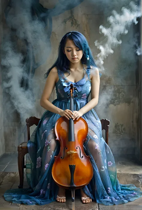 a woman, sitting, playing a cello, cello between her legs, holding a bow. blue dress, dress is partly opaque. mixed race korean-...