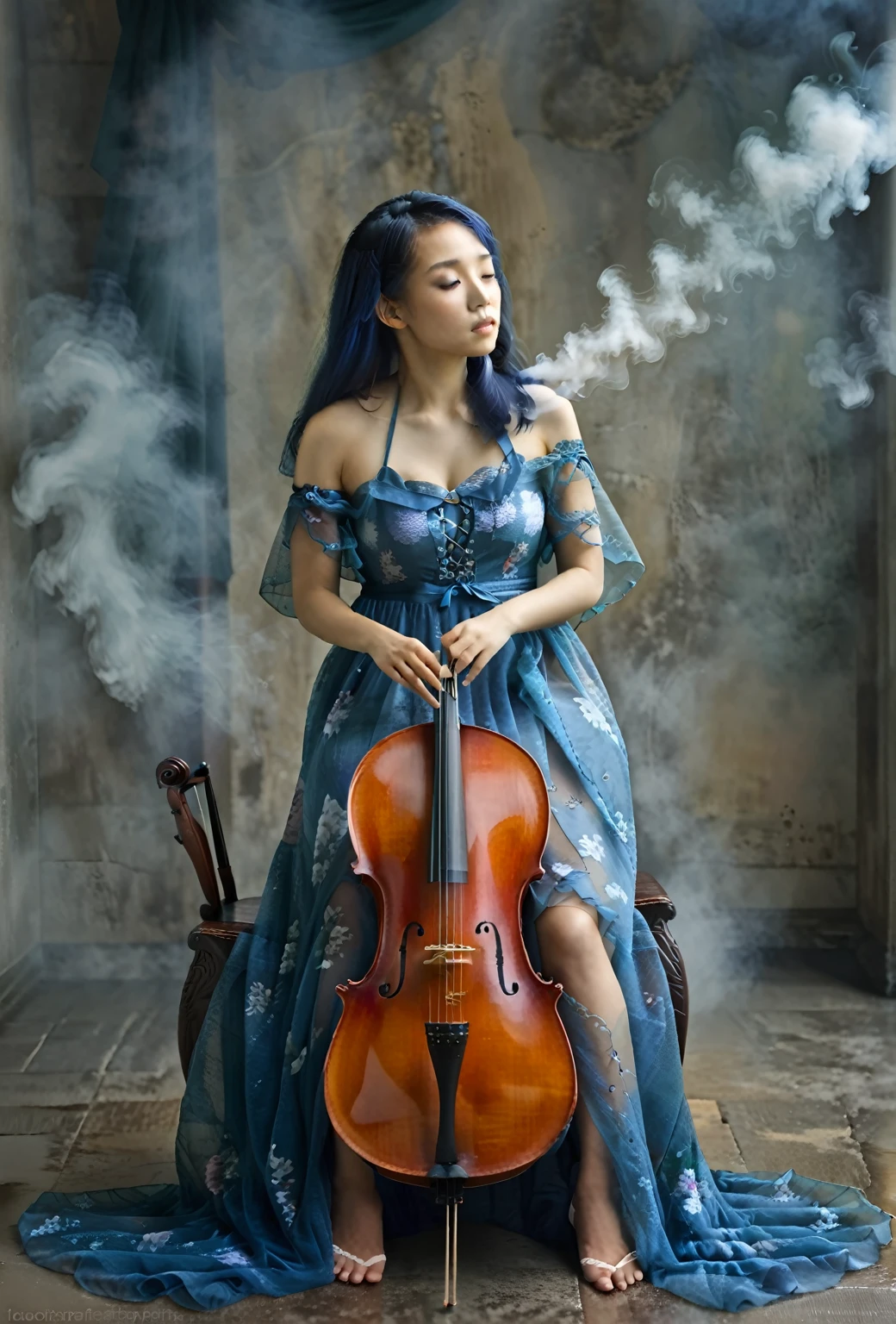 a woman, sitting, playing a cello, cello between her legs, holding a bow. blue dress, dress is partly opaque. mixed race Korean-Nigerian woman, dyed blue hair, fantasy scene, smoke, mist. portrait shot, woman is playing the cello. deep in thought, calm, serene. high quality fantasy stock photo