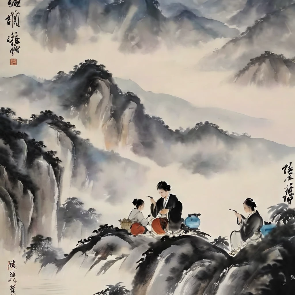 Ink Painting, Chinese ink painting style, modern style, Watercolor style, dyeing, Black and White Art, The Minimalists, 8K, Ultra-fine details, Surrealism, masterpiece, best quality. A poetic and serene landscape painting in traditional Chinese ink painting style, Depicting a group of ancient Chinese people drinking and having fun in the mountains, Rendered with delicate ink strokes and subtle watercolor tones.