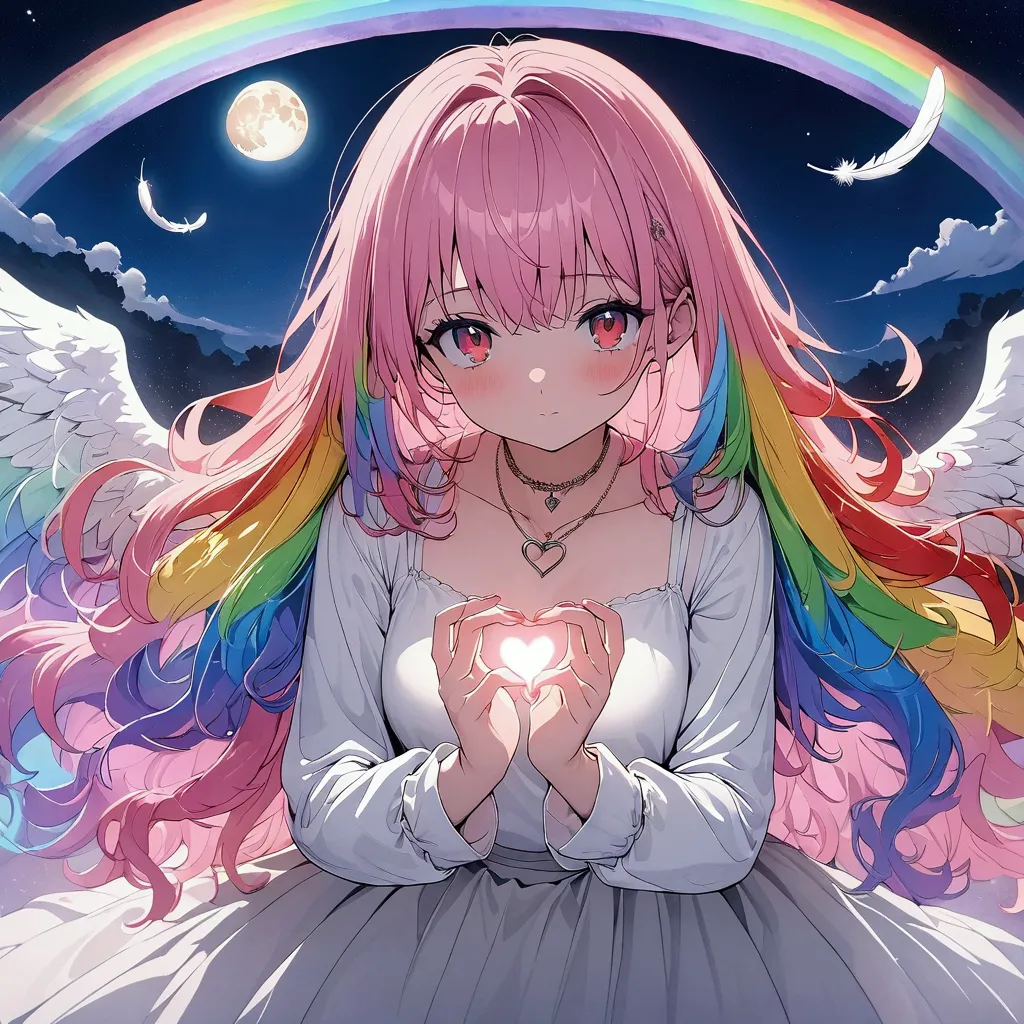 (((anime))) one woman,making a heart with hands,heart symbol,neon pink,angel,iridescent feathers,long hair,(rainbow hair),bangs ...