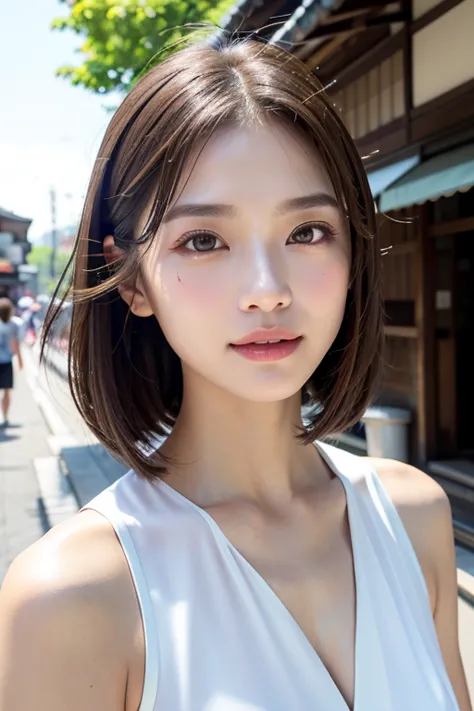 with the alleys of kyoto in the background、1 girl、independent、look forward to、light eye makeup、brown hair color、flat 、hair blowi...