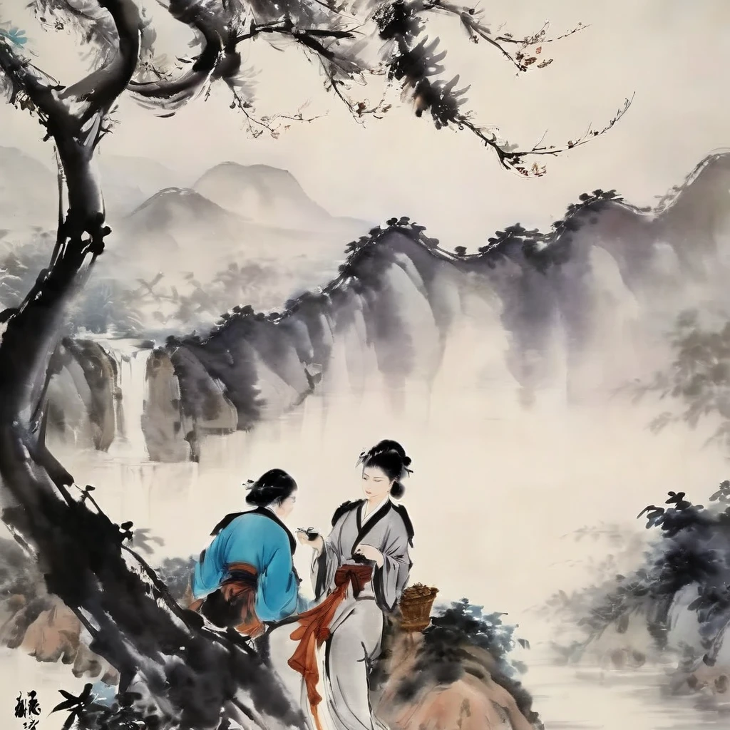 Ink Painting, Chinese ink painting style, modern style, Watercolor style, dyeing, Black and White Art, The Minimalists, 8K, Ultra-fine details, Surrealism, masterpiece, best quality,Chinese ink painting style, landscape painting，Seven or eight Chinese scholars were drinking and having fun under the tree., Rendered with delicate ink strokes and subtle watercolor tones.