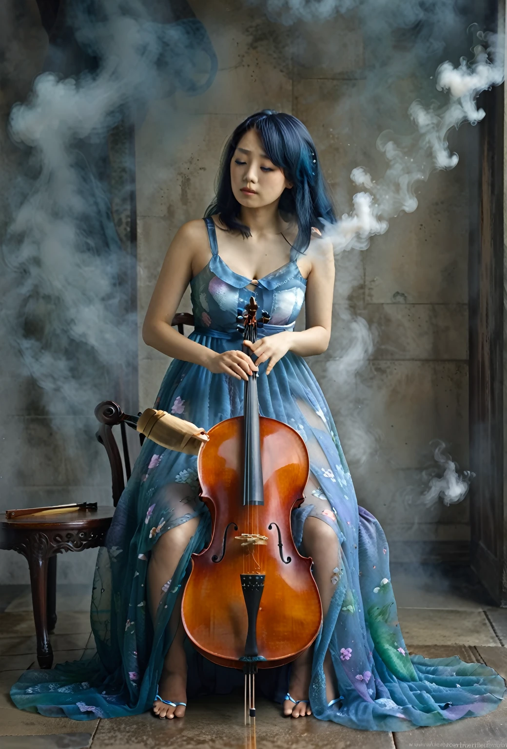 a woman, sitting, playing a cello, cello between her legs, (holding a bow)+. blue dress, dress is partly opaque. mixed race Korean-Nigerian woman, dyed blue hair, fantasy scene, smoke, mist. portrait shot, woman is playing the cello. deep in thought, calm, serene. looking down, high quality fantasy stock photo