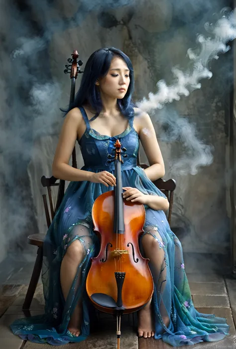 a woman, sitting, playing a cello, cello between her legs, (holding a bow)+. blue dress, dress is partly opaque. mixed race kore...