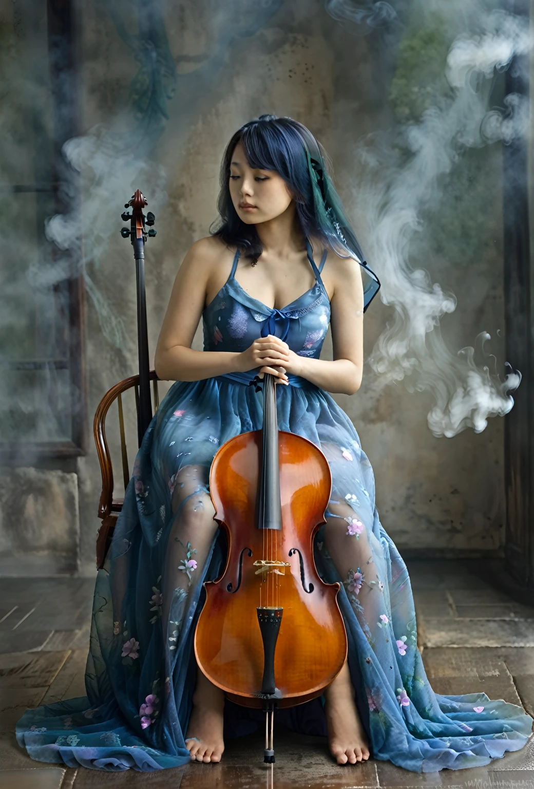 a woman, sitting, playing a cello, cello between her legs, (holding a bow)+. blue dress, dress is partly opaque. mixed race Korean-Nigerian woman, dyed blue hair, aged 27, fantasy scene, smoke, mist. portrait shot, woman is playing the cello. deep in thought, calm, serene. looking down, high quality fantasy stock photo