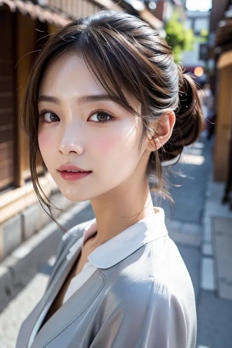 with the alleys of kyoto in the background、1 girl、independent、look forward to、light eye makeup、brown hair color、flat 、hair blowi...