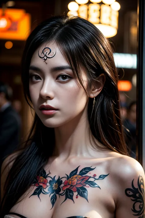 a fierce woman in nude, member of a yakuza family, staring intensely into the camera, yakuza body tattoo, high detail, cinematic...