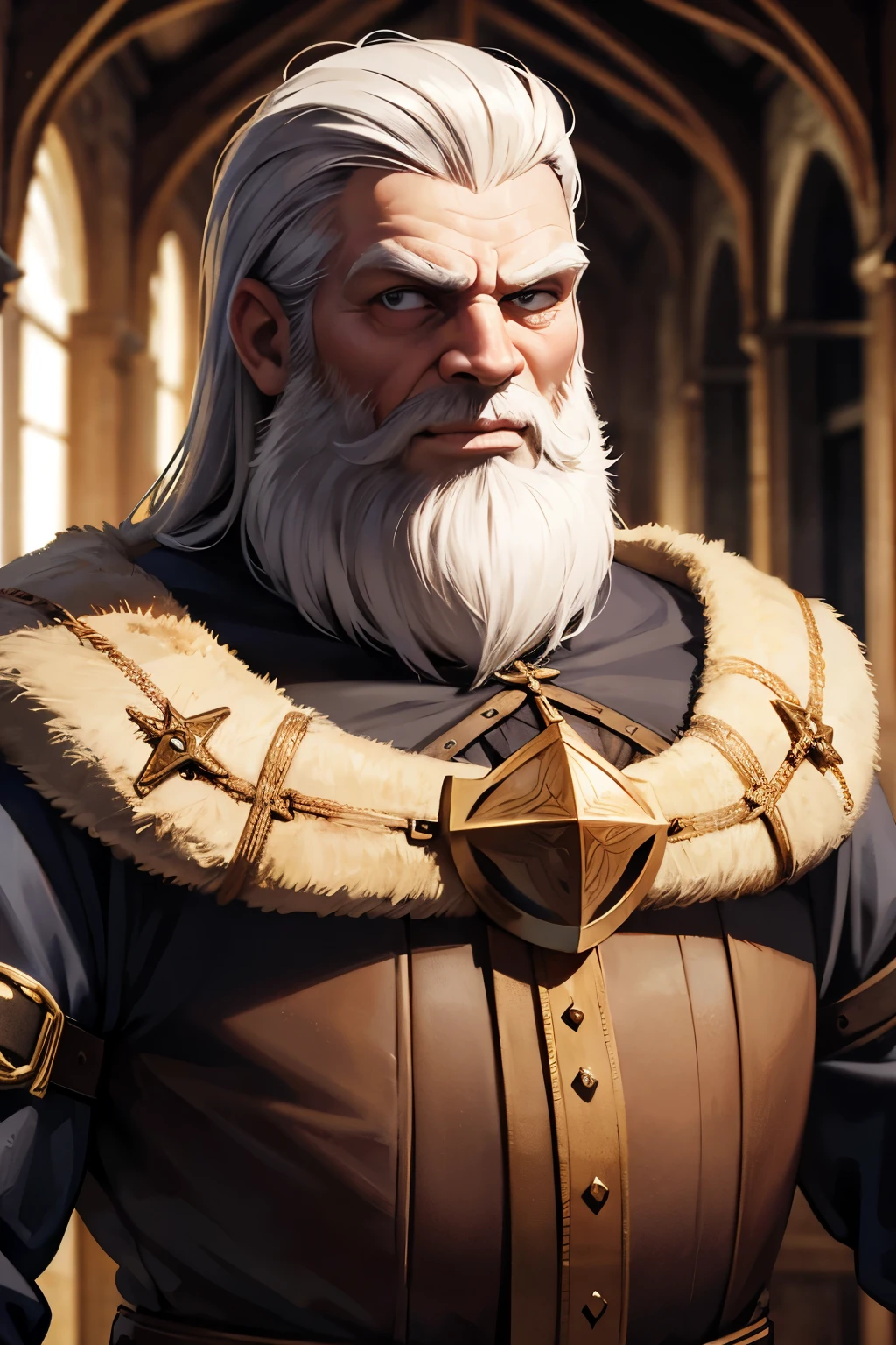 medieval captain, bearded, ugly smirk, evil, close-up shot, standing in medieval grand hall