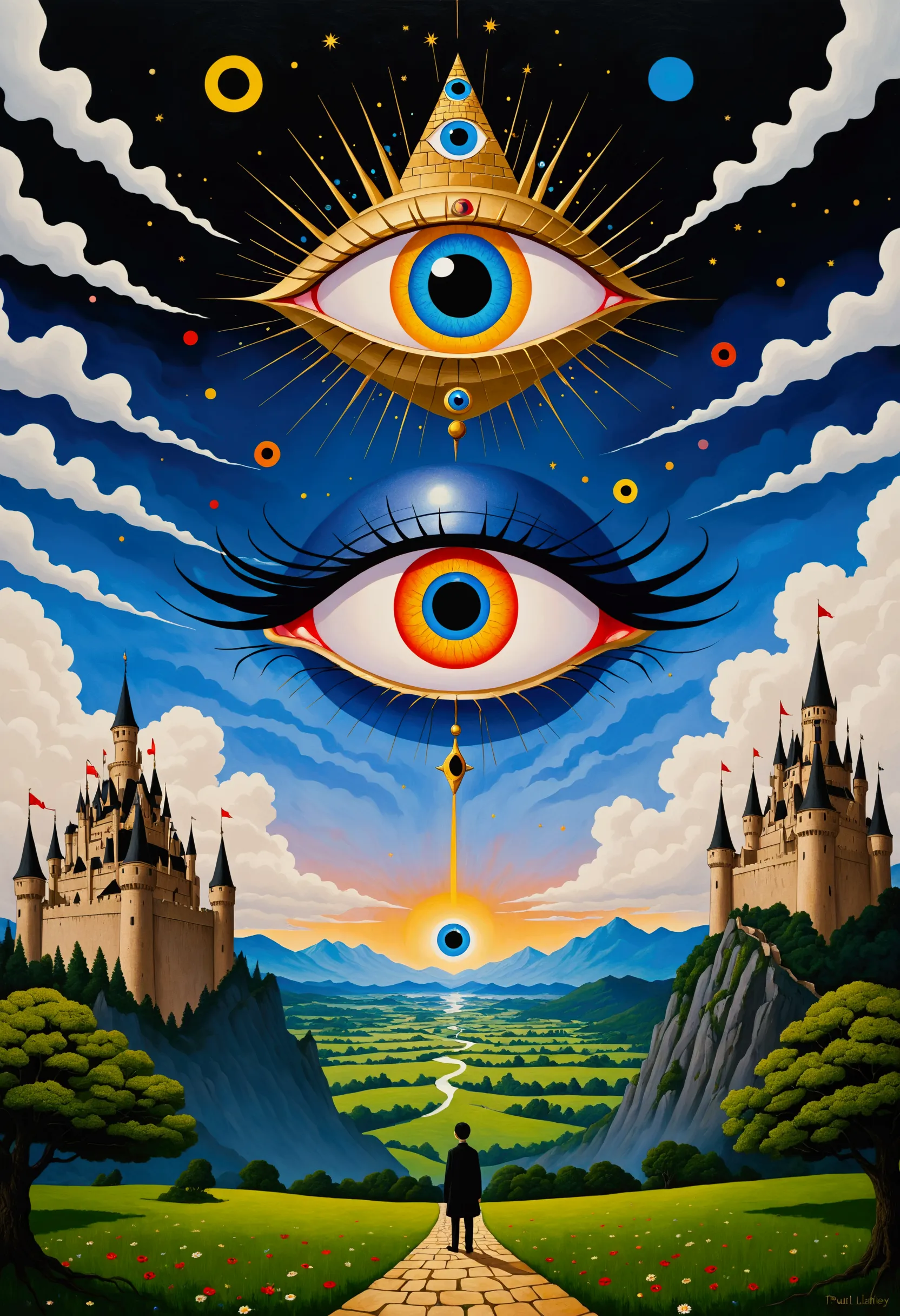 there is a big eye in the painting，there is a castle in the background, surrealism inspired by nagai hiroshi, winner of the beha...