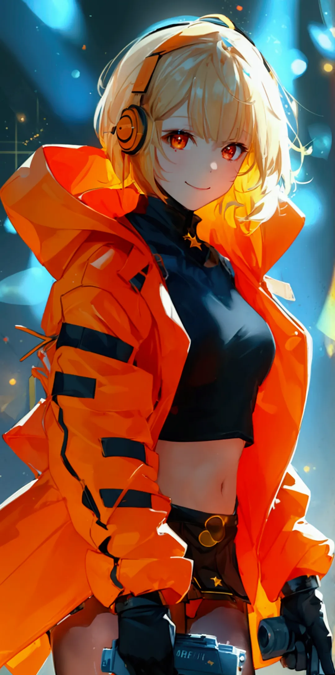 masterpiece,hs1,blonde,short skirt,black tights,a star-shaped mark is reflected in the eye,smile,orange down jacket with a large...