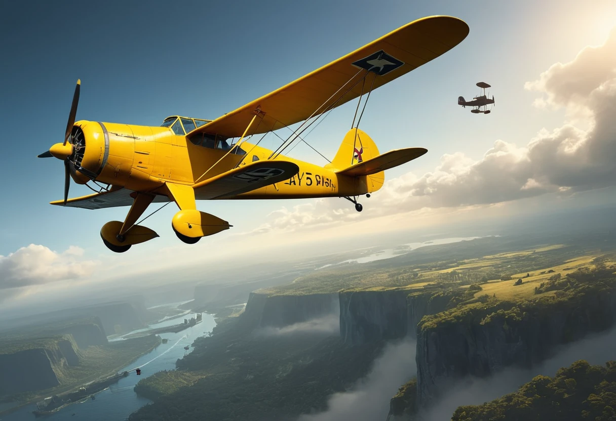 Conceptual artwork for the chase of "Armageddon" depicting Armageddon "chasing" a "YELLOW BIPLANE". The scene should unfold with dramatic tension, contain intense action and be cinematically lit with vibrant shadows. Mix raw, unmapped textures with detailed and intricate elements. The artwork should have a sense of EXTREME PARALLAX MOTION BLUR and evoke a sense of fast movement; in the spirit of Artgerm legends Greg Rutkowski and Simon Stalenhag, with the eerie and mystical touch of Wayne Barlow and Igor Kirilluk to stylize the artwork. Combine these influences to create a work that embodies the essence of immersive, high concept illustration."