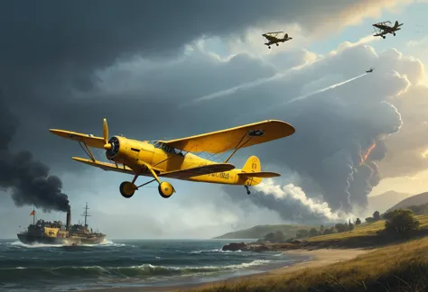 conceptual artwork for the chase of "armageddon" depicting armageddon "chasing" a "yellow biplane". the scene should unfold with...