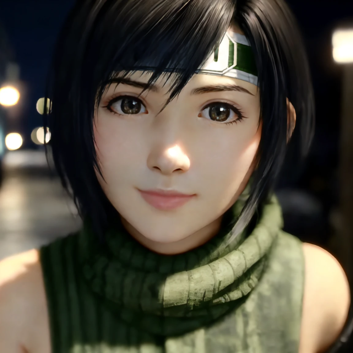 (yuffie_kisaragi),((a girl)),(16yo:1.3),hyperrealistic portrait,((Cowboy Shot)),sharp focus, depth of field ,blur background, bokeh ,Cinematic lighting,detailed face,random pose,touch hair,Half Smile,Midnight,((alley)),(photo realistic,perfect anatomy:1.3),(hyper detailed, masterpiece:1.2), best quality,RAW photo, exquisite, beautiful 