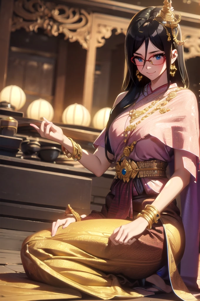 คุณภาพดีatสุด, Masterpiece, high res, alone, {Thanaka_Asuka_euphonium sound:1.15}   black_hair, long_hair, glasses, light blue_eyes, Blush, red frame_glasses, Seraph, beyond the edge_glasses, semi borderless_glasses, hair_between_eyes, 1 girl,  look_at_viewer, smile,  ((Thai princess:1.3)),(Gorgeous thai costumes with รายละเอียดatซับซ้อน,ชุดatงดงาม,เครื่องประดับทองคำatงดงาม, รายละเอียดatซับซ้อน,luxury jewelry accessories,ขอบatงดงาม, รายละเอียดatซับซ้อน,Various gems:1.2),((Thai Buddhist Temple))