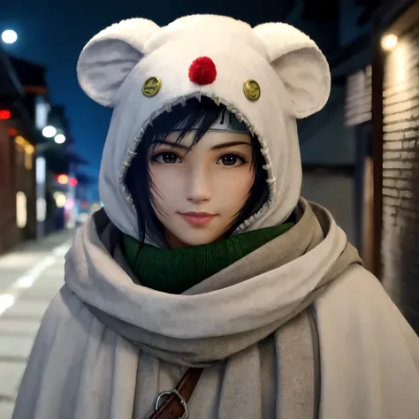 (yuffie_kisaragi, mooglesuit, animal hood, white cloak ),((a girl)),(16yo:1.3),hyperrealistic portrait,((cowboy shot)),sharp foc...